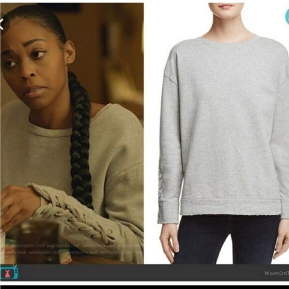 JOE'S JEANS gray sweatshirt Miaya Lace-Up sleeves distressed ASO TV S - Picture 3 of 9